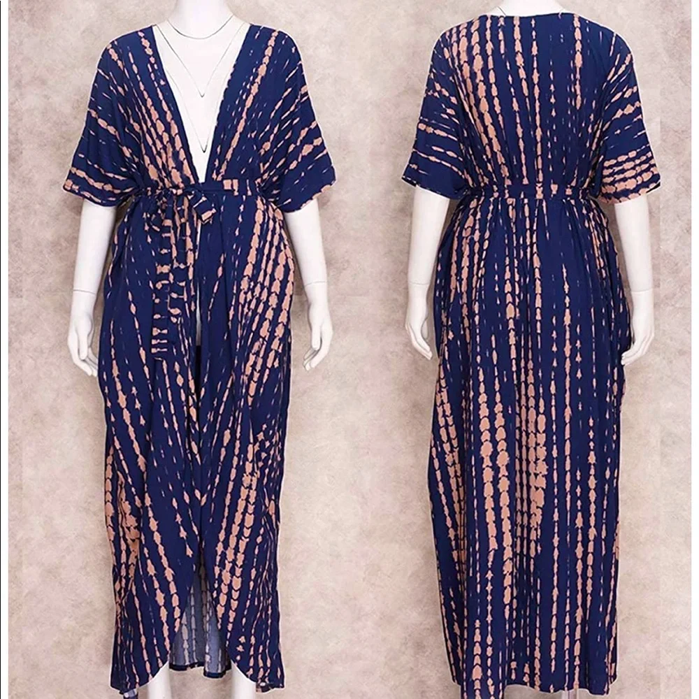 Blue & Peach Long Wrap Dress Kimono - Picture 1 of 11